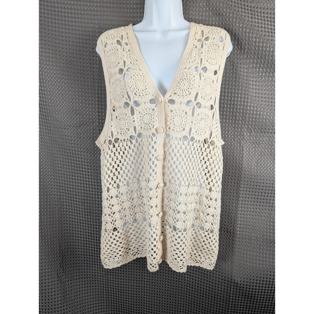Crazy Horse Crochet‎ Knit Vest Cream Button Front Boho Sleeveless Cardigan L